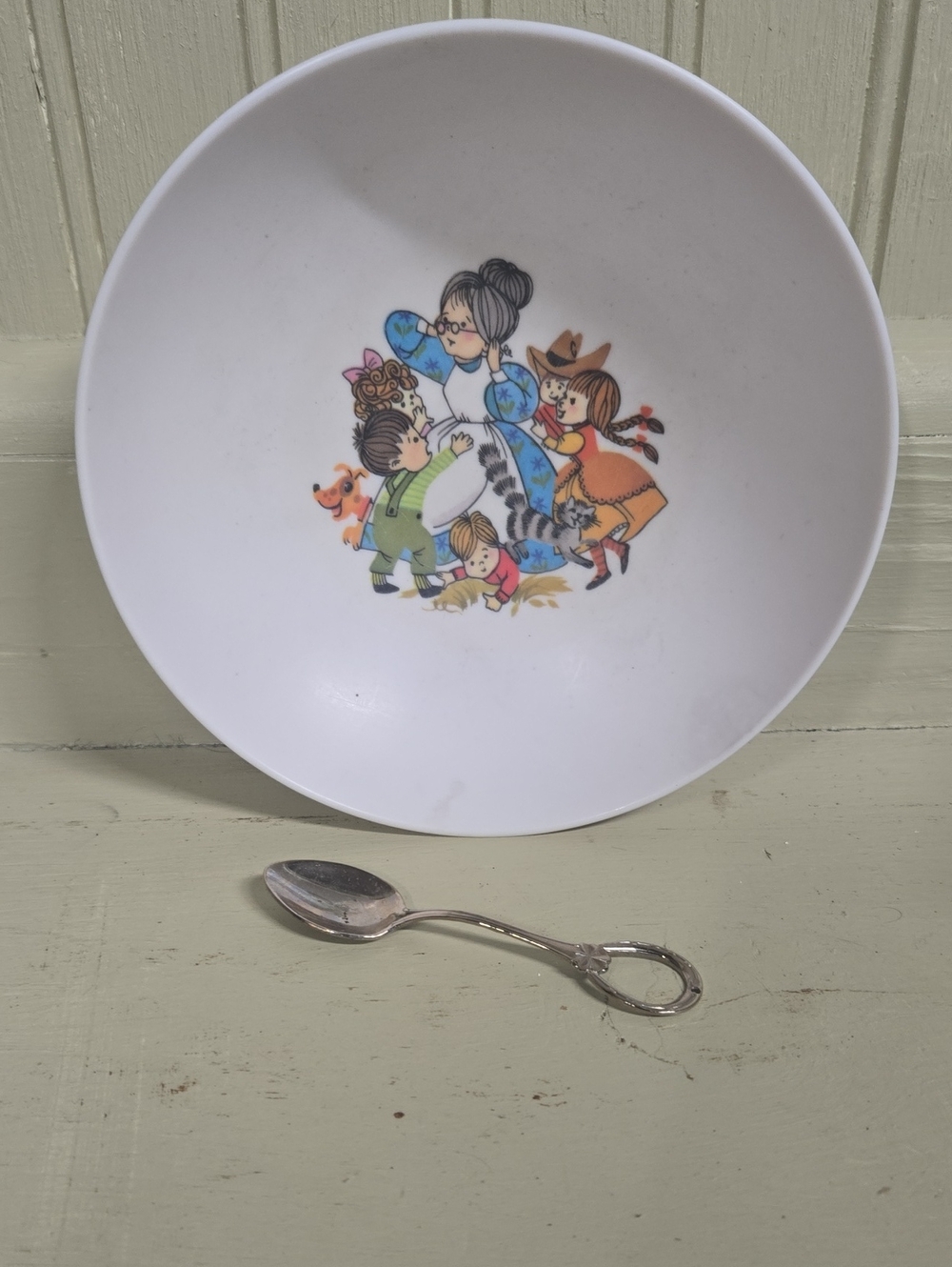 Vintage Children's Storybook Illustration Bowl & spoon
